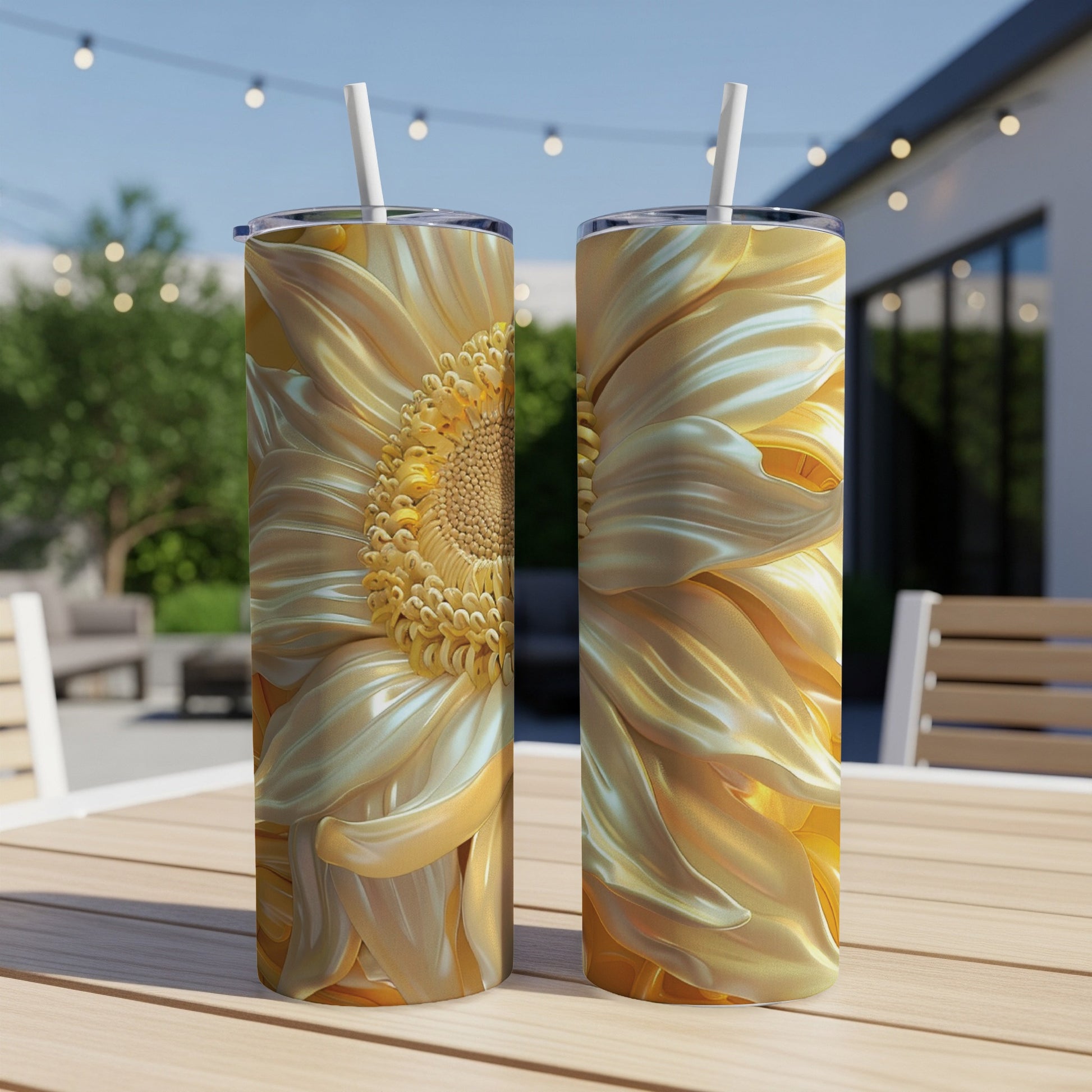 Two golden sunflowers on tall tumblers sitting on a wooden table outdoors.