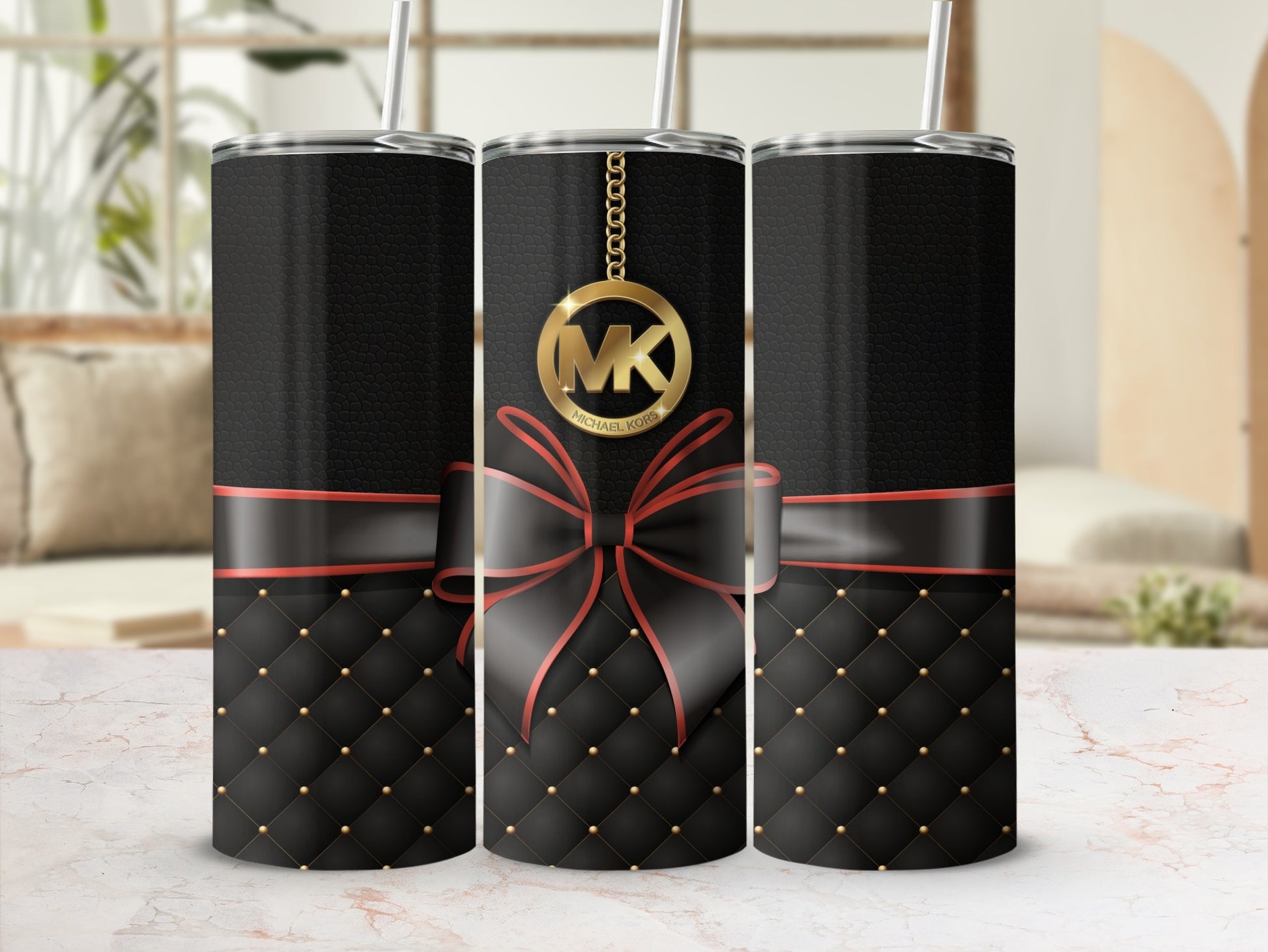 Elegant Black Tumbler with Red Bow and Gold Studs Design