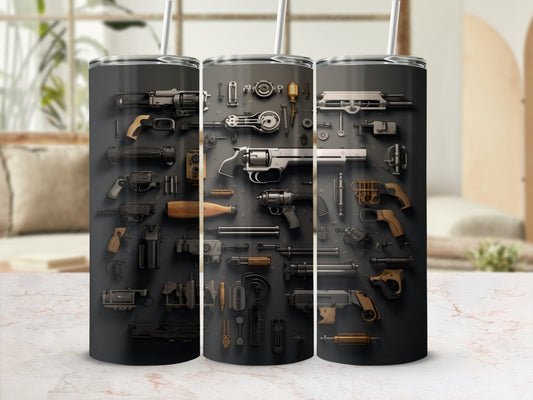 Tumbler with a grayscale pattern of disassembled firearms and gun parts.