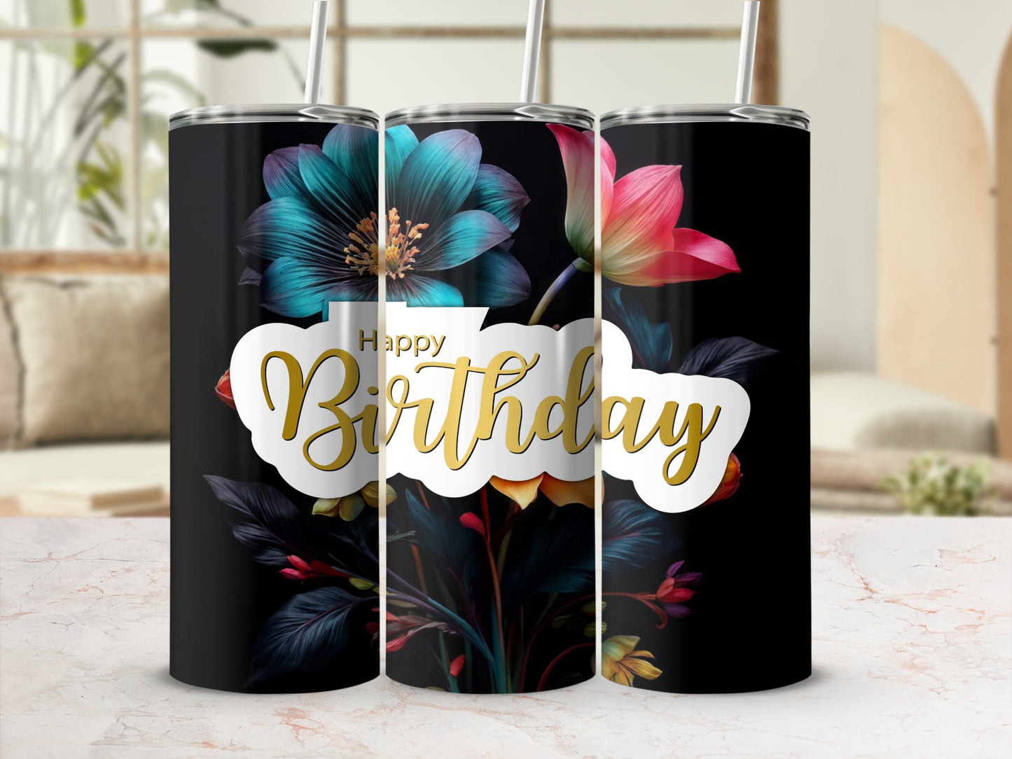 Black tumbler with "Happy Birthday" text and floral design.