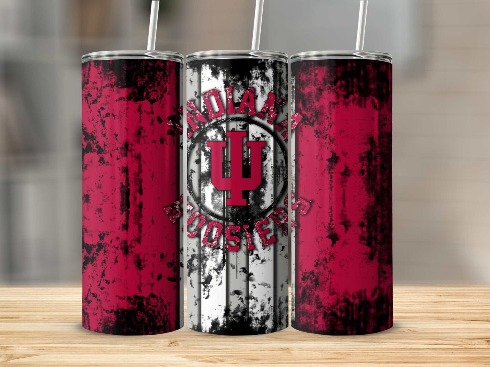 Indiana Hoosiers tumbler with distressed red, black, and white stripe design.