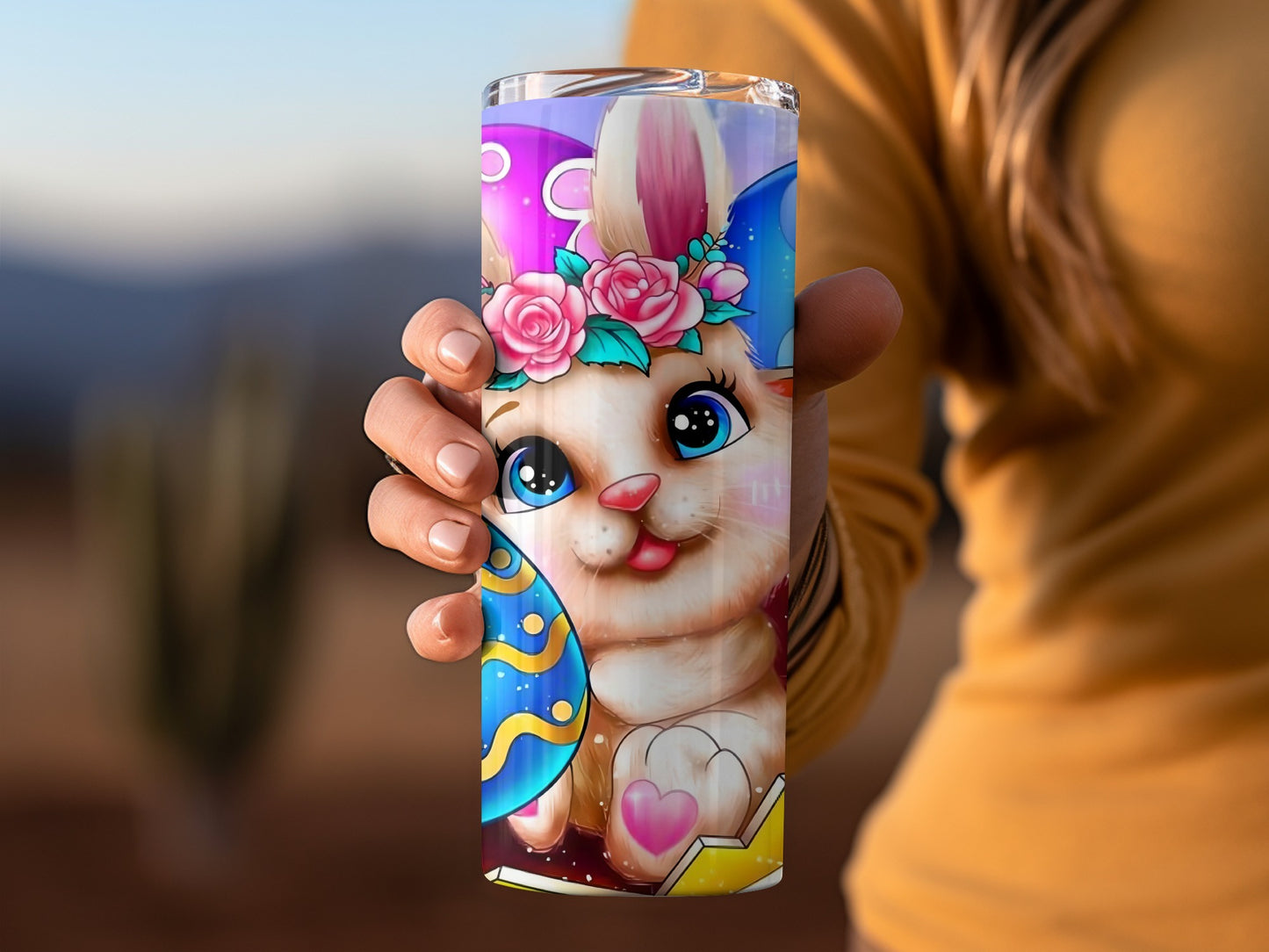 Cute Bunny Floral Decorated Tumbler with Easter Egg Design