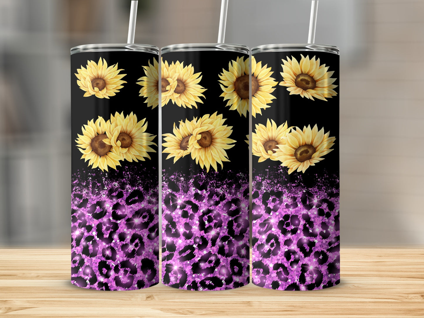 Three tumblers with sunflowers and purple leopard print on a black background.
