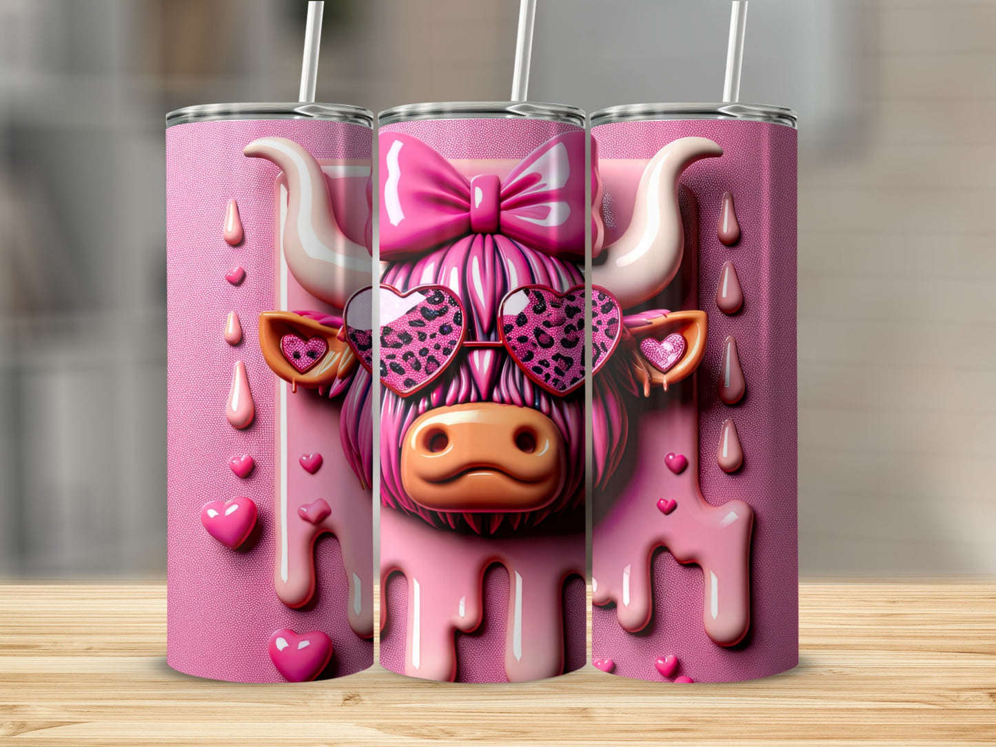 Pink Highland cow with heart sunglasses and bows, dripping pink glaze.