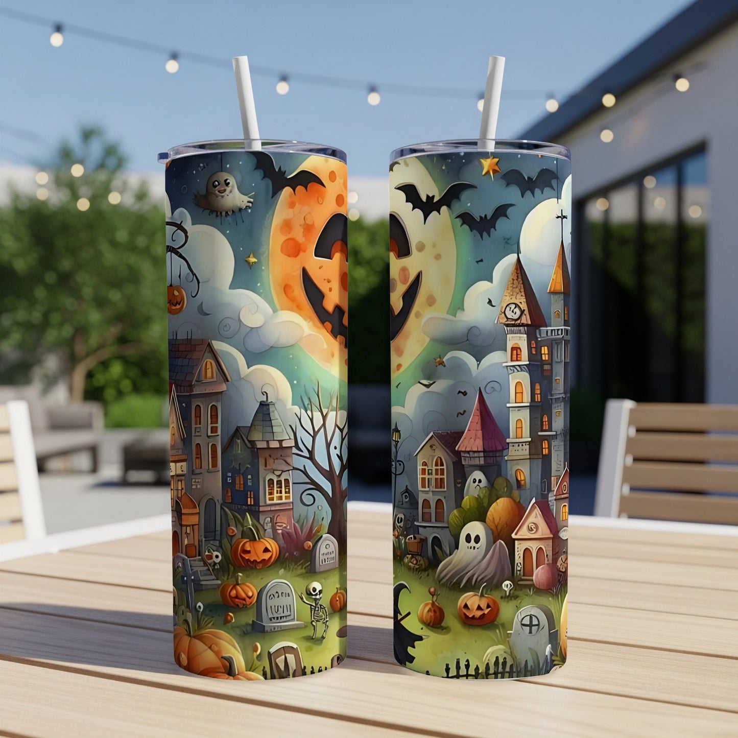 Halloween tumblers with spooky houses, ghosts, skeletons, pumpkins, and a jack-o-lantern moon.