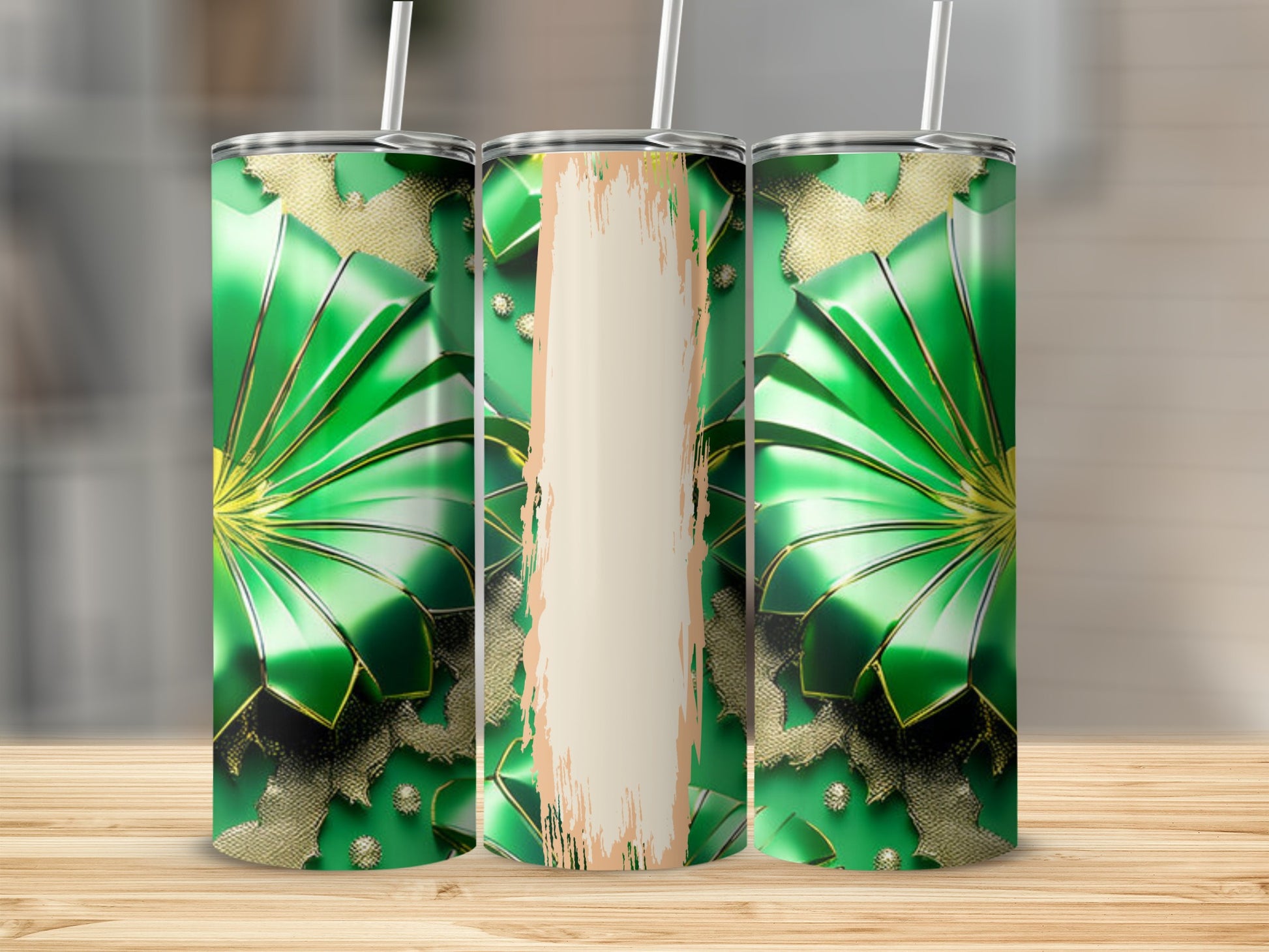 Three green tumblers with gold accents and a distressed vertical panel.