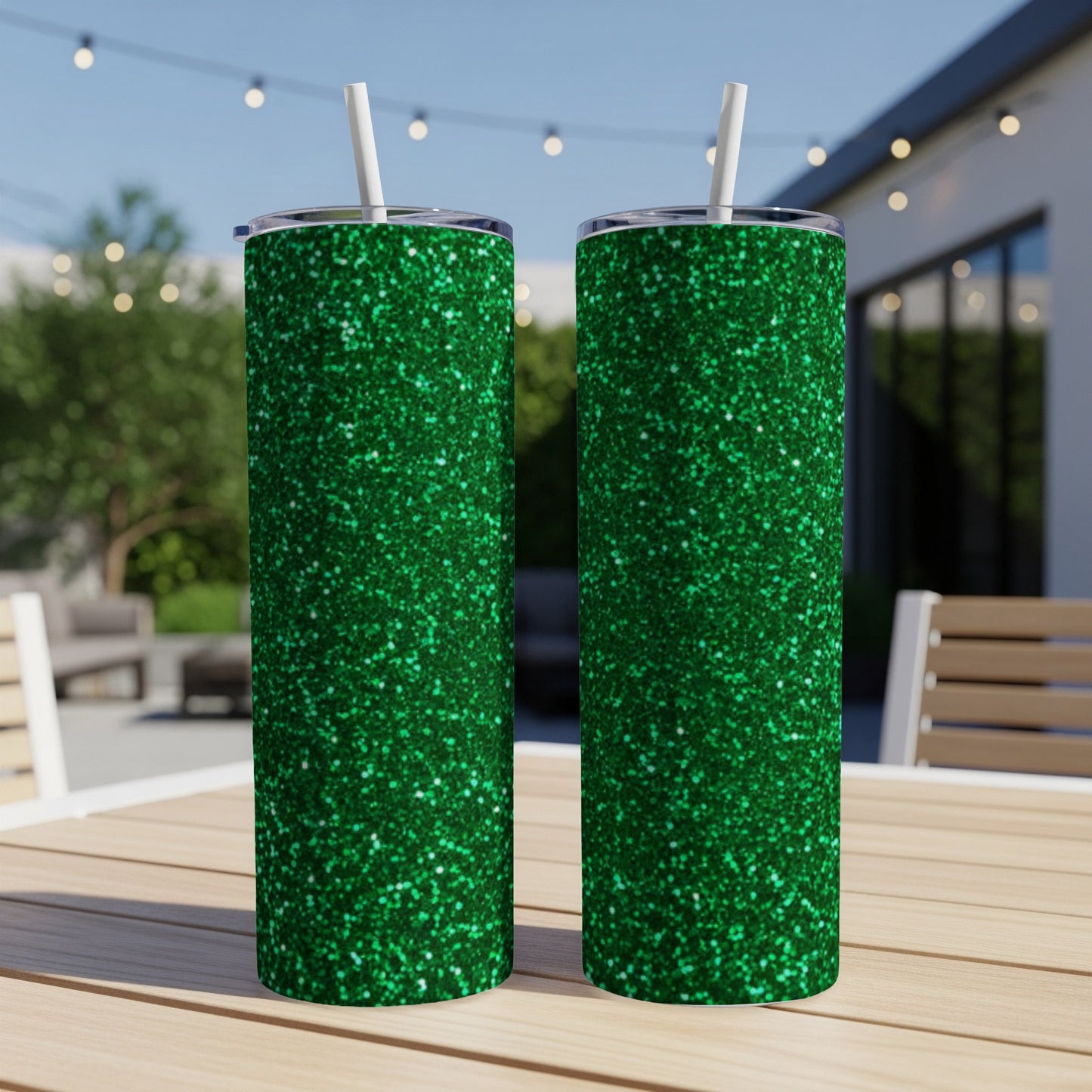 Two green glitter tumblers with straws on a table.