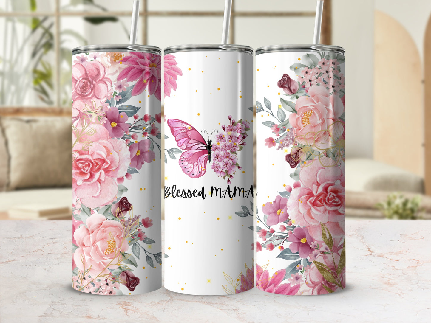 Floral Butterfly Blessed Mama Tumbler with Flowers Butterfly