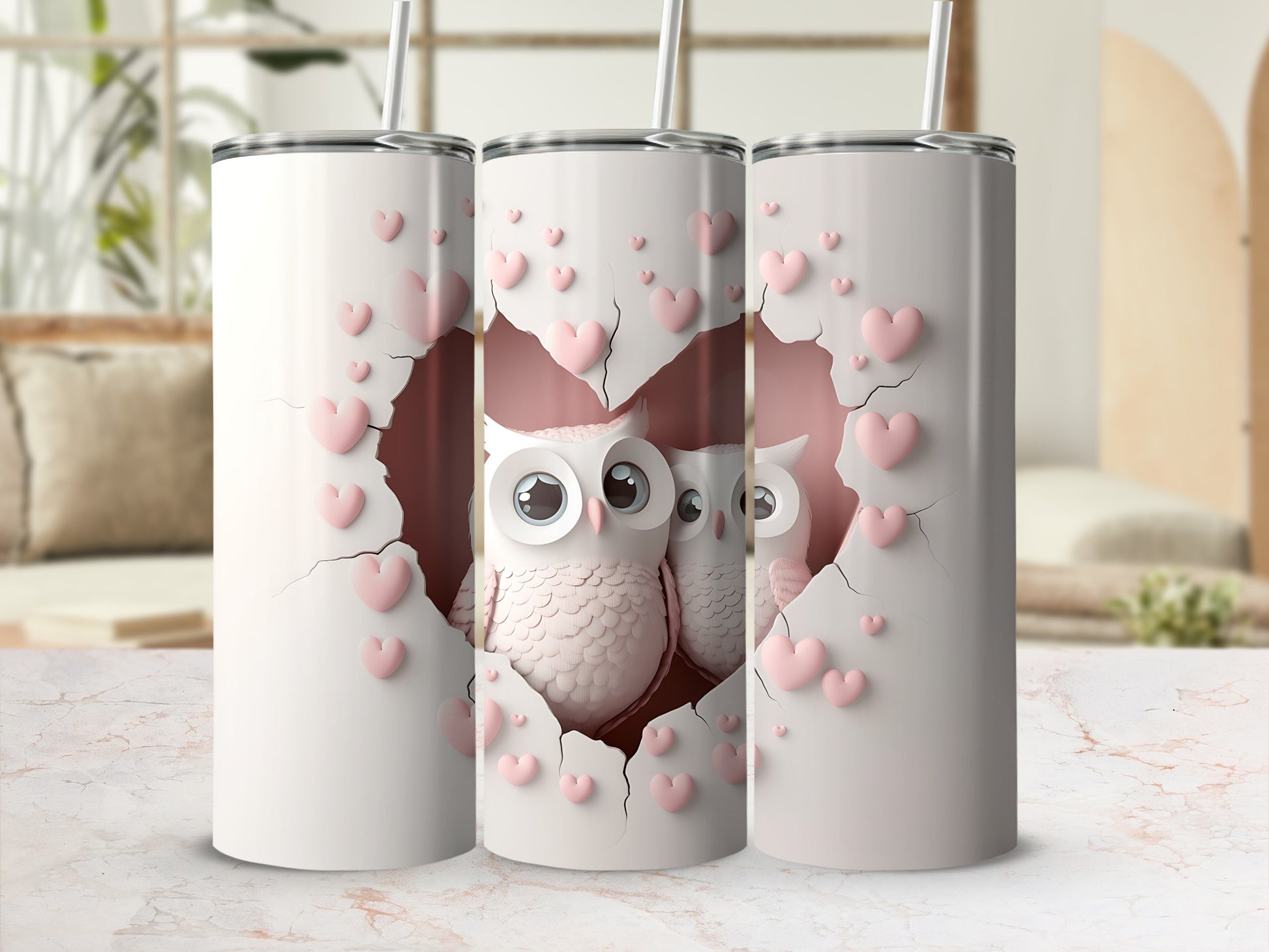 Three pink tumblers with a heart design and owl illustration.