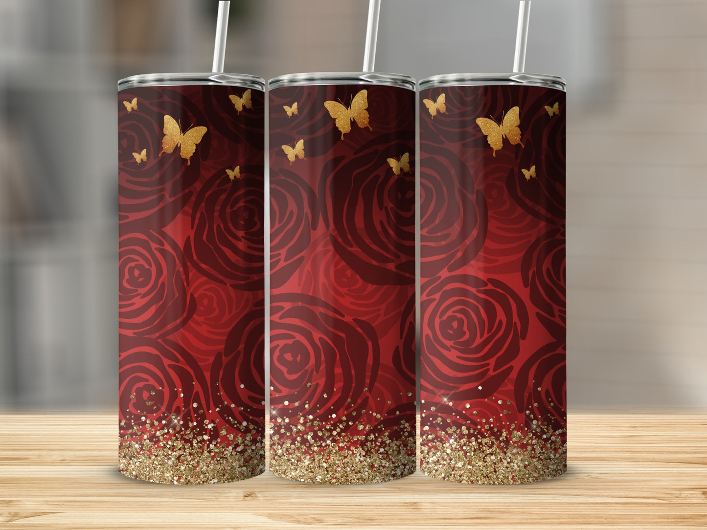 Red and Gold Rose Design Tumbler With Butterflies