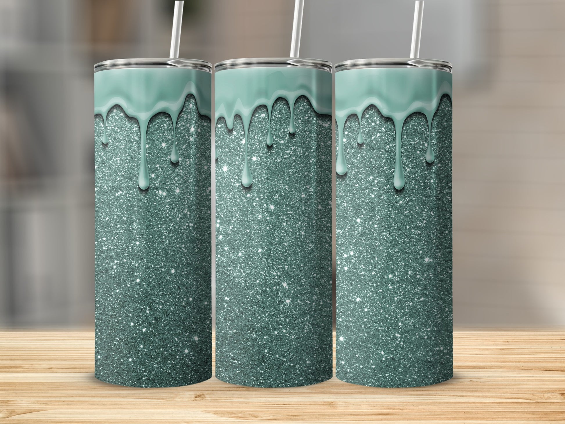 Sparkling Tumbler with Teal Dripping Glitter Design