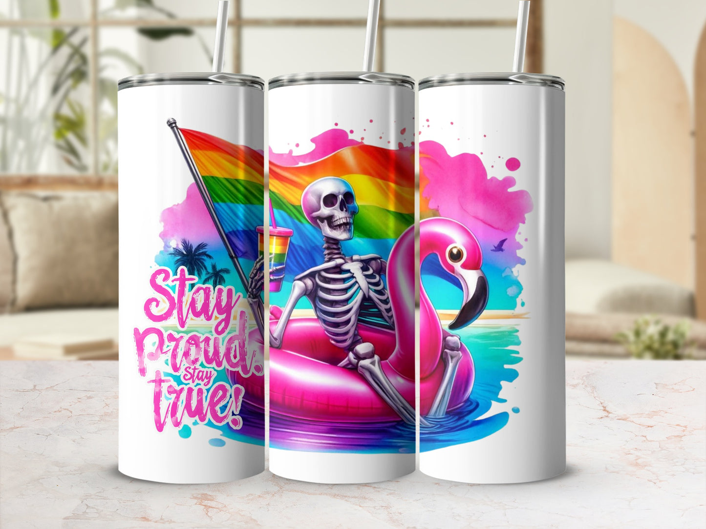Skeleton floating on flamingo with rainbow flag and "Stay Proud! Stay True!" text.