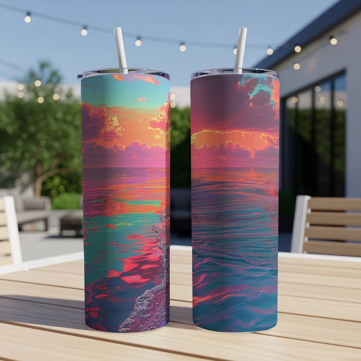 Two tumblers with a vibrant sunset ocean wave design sit on a table.