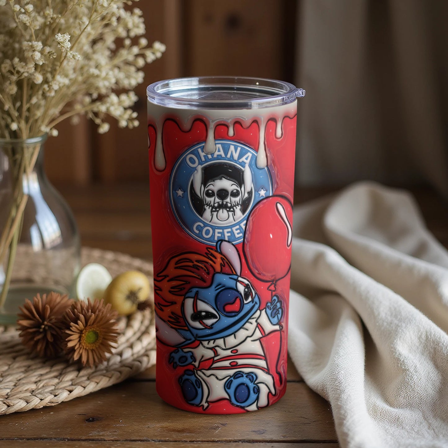Creepy Clown Coffee Tumbler with Balloon Design