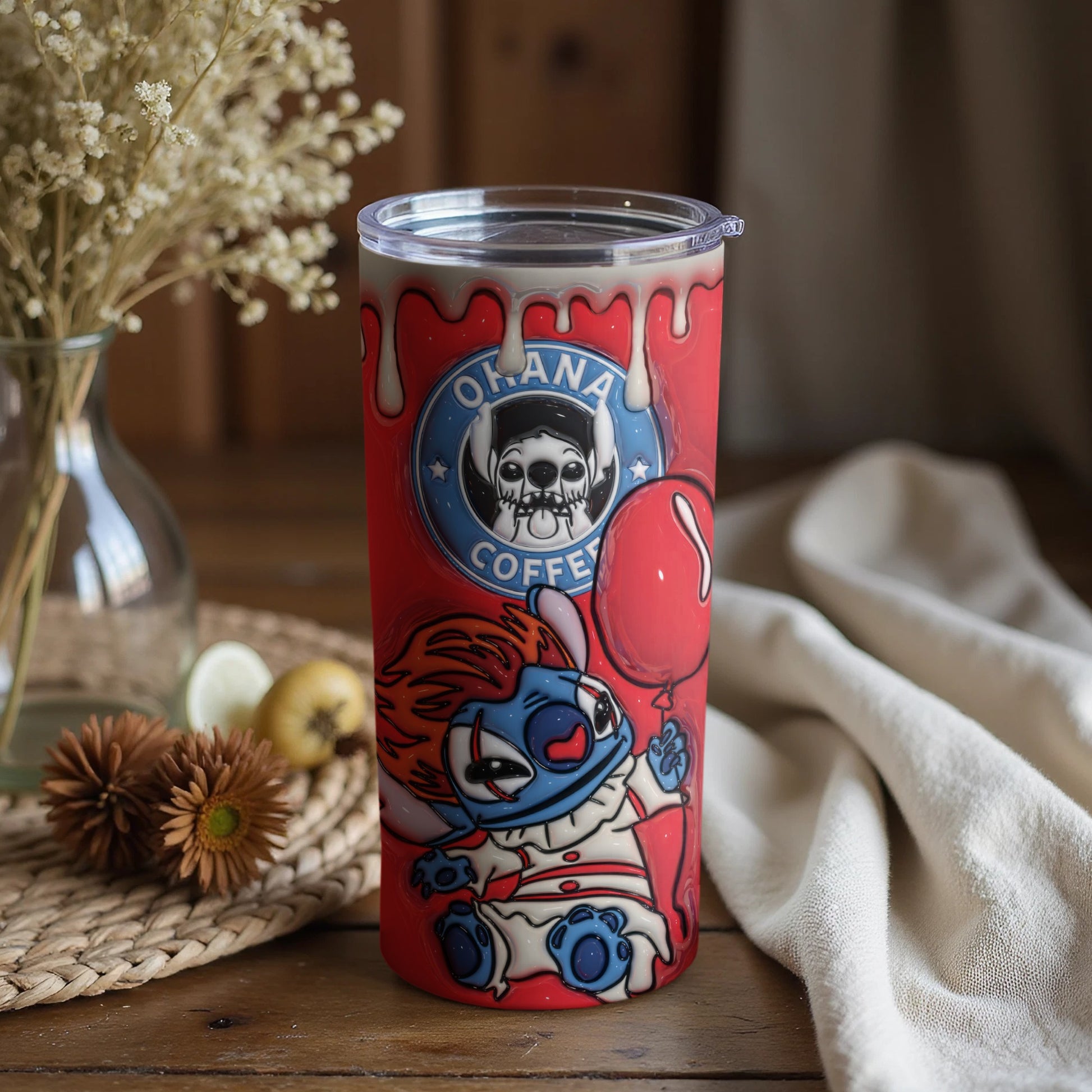 Creepy Clown Coffee Tumbler with Balloon Design