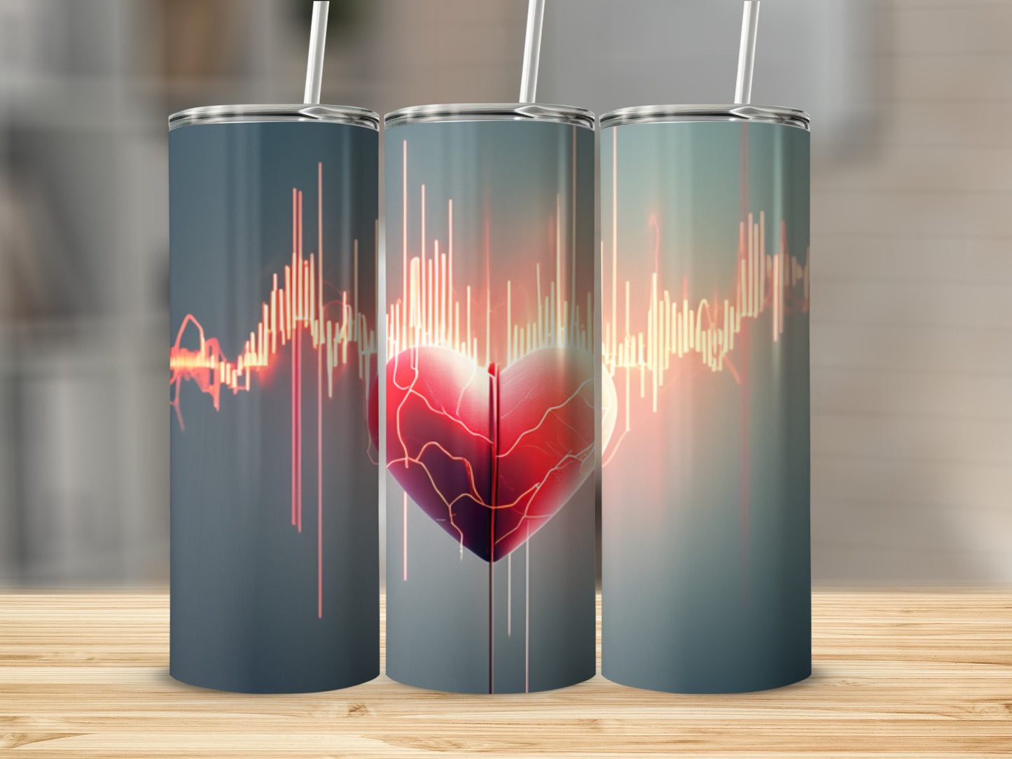 Three tumblers featuring a stylized heart with a heartbeat EKG graph.