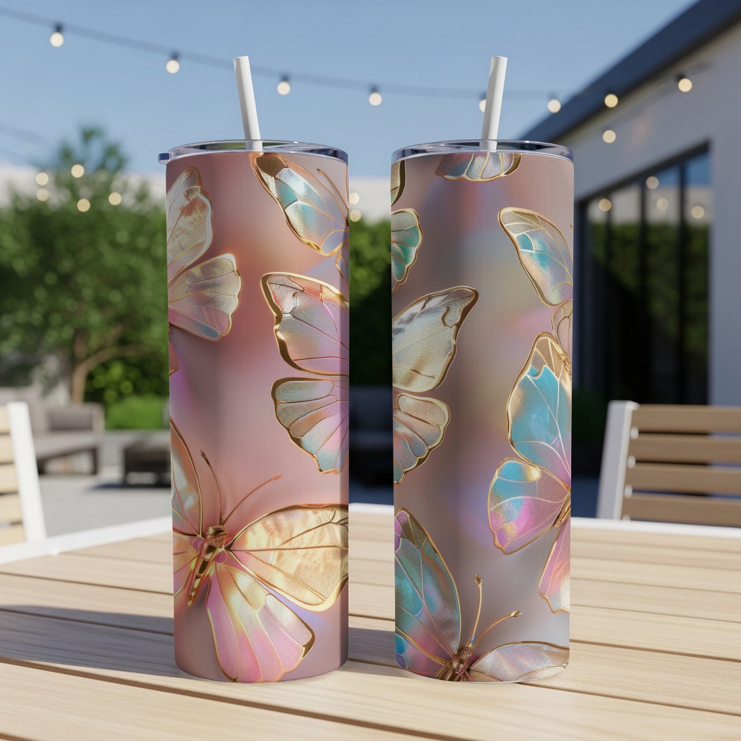 Two tall tumblers with iridescent butterfly pattern on a wooden table.