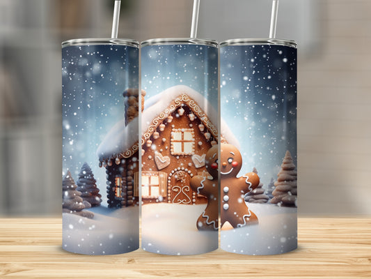Festive Gingerbread House and Snowy Tree Design Tumbler