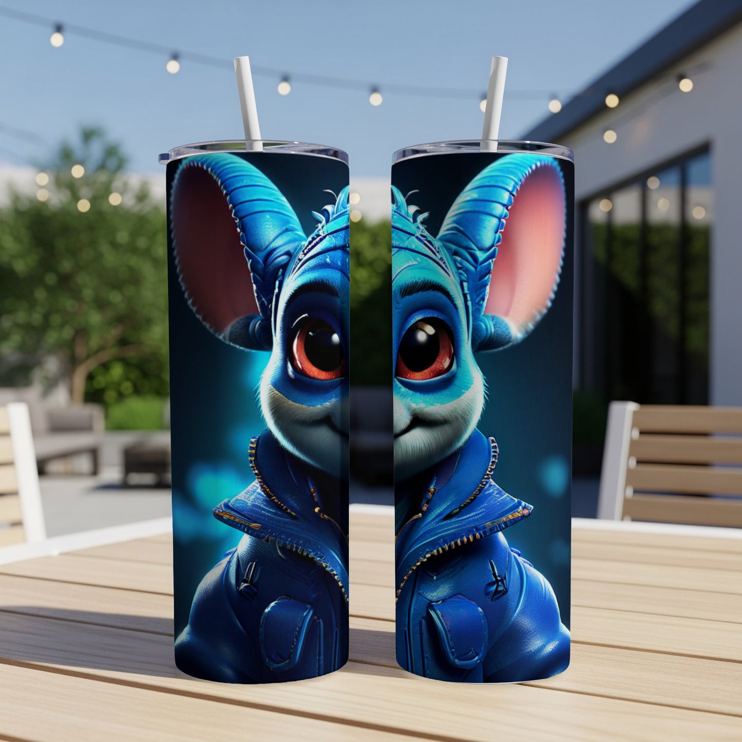 Blue alien creature with large eyes and jacket on a tumbler cup.