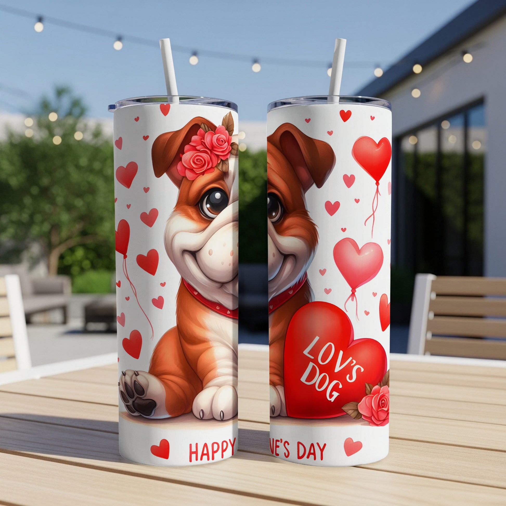 Bulldog with "Happy Valentine's Day" and heart balloons on a tumbler.