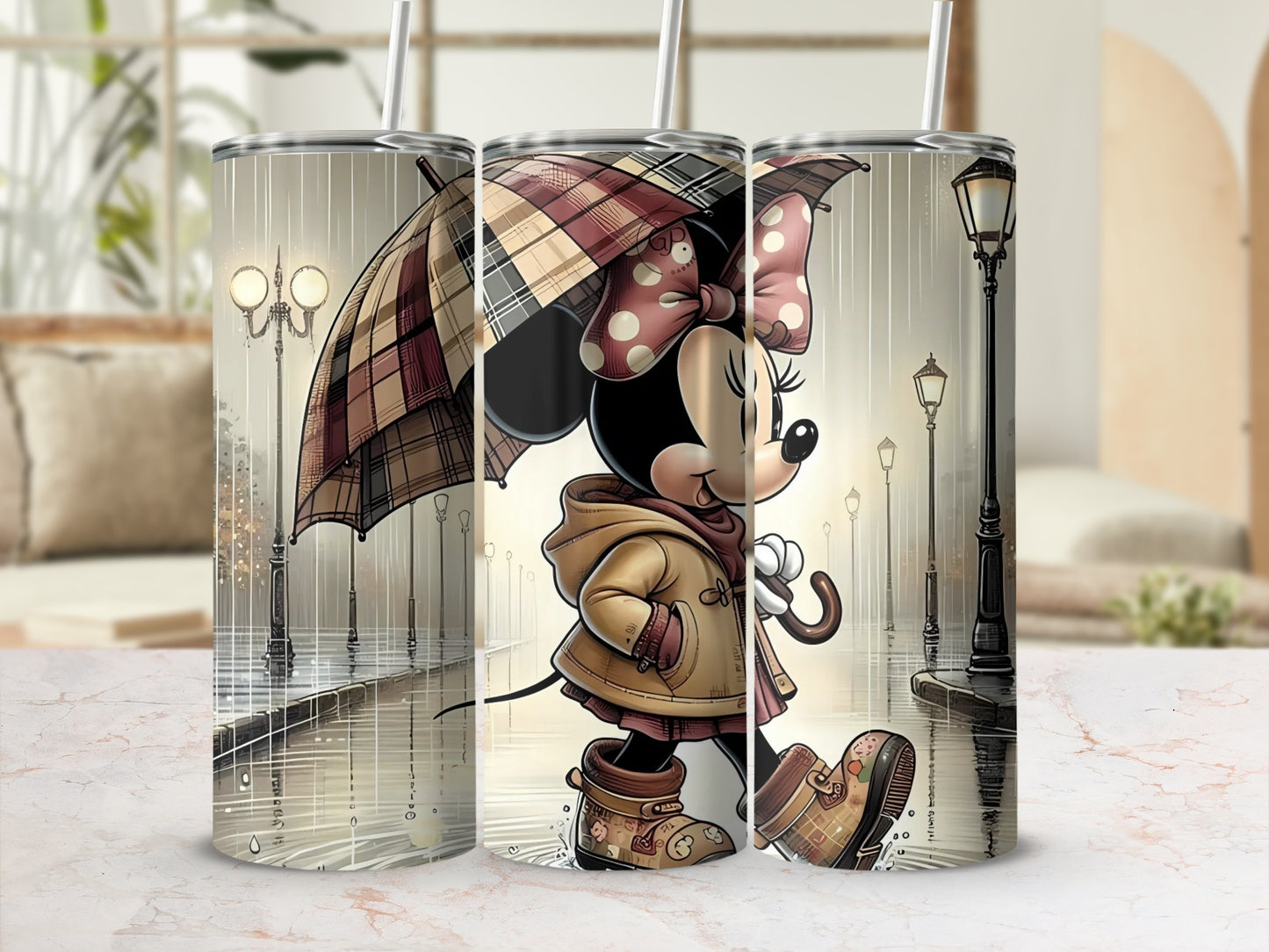 Adorable Character in Rainy Street Print Tumbler