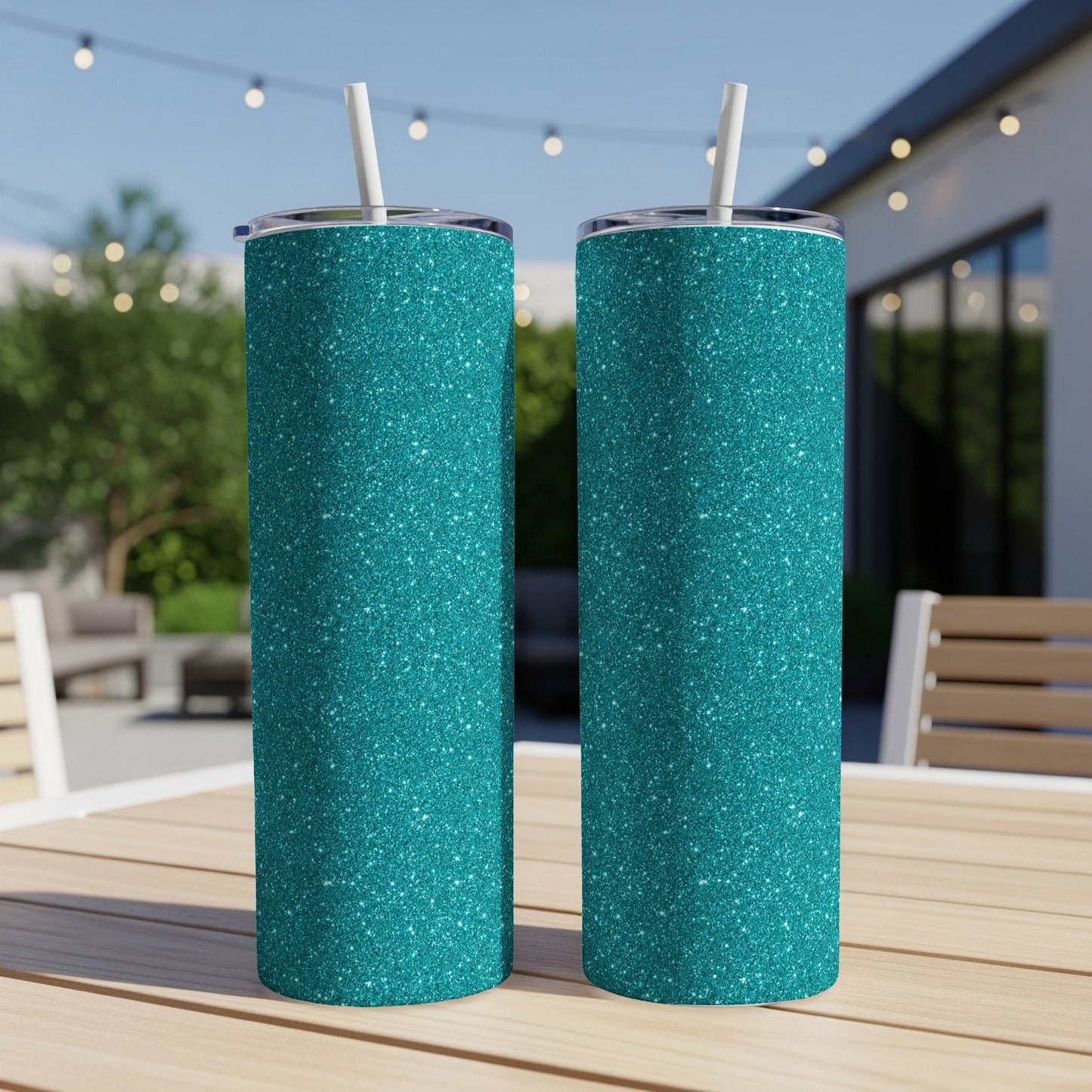 Two teal glitter tumblers with white straws sit on a table.