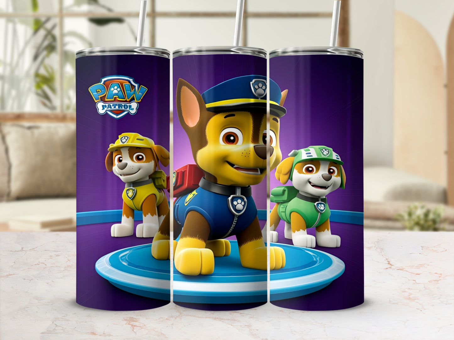 Paw Patrol characters Chase, Marshall, and Rubble on a purple background.