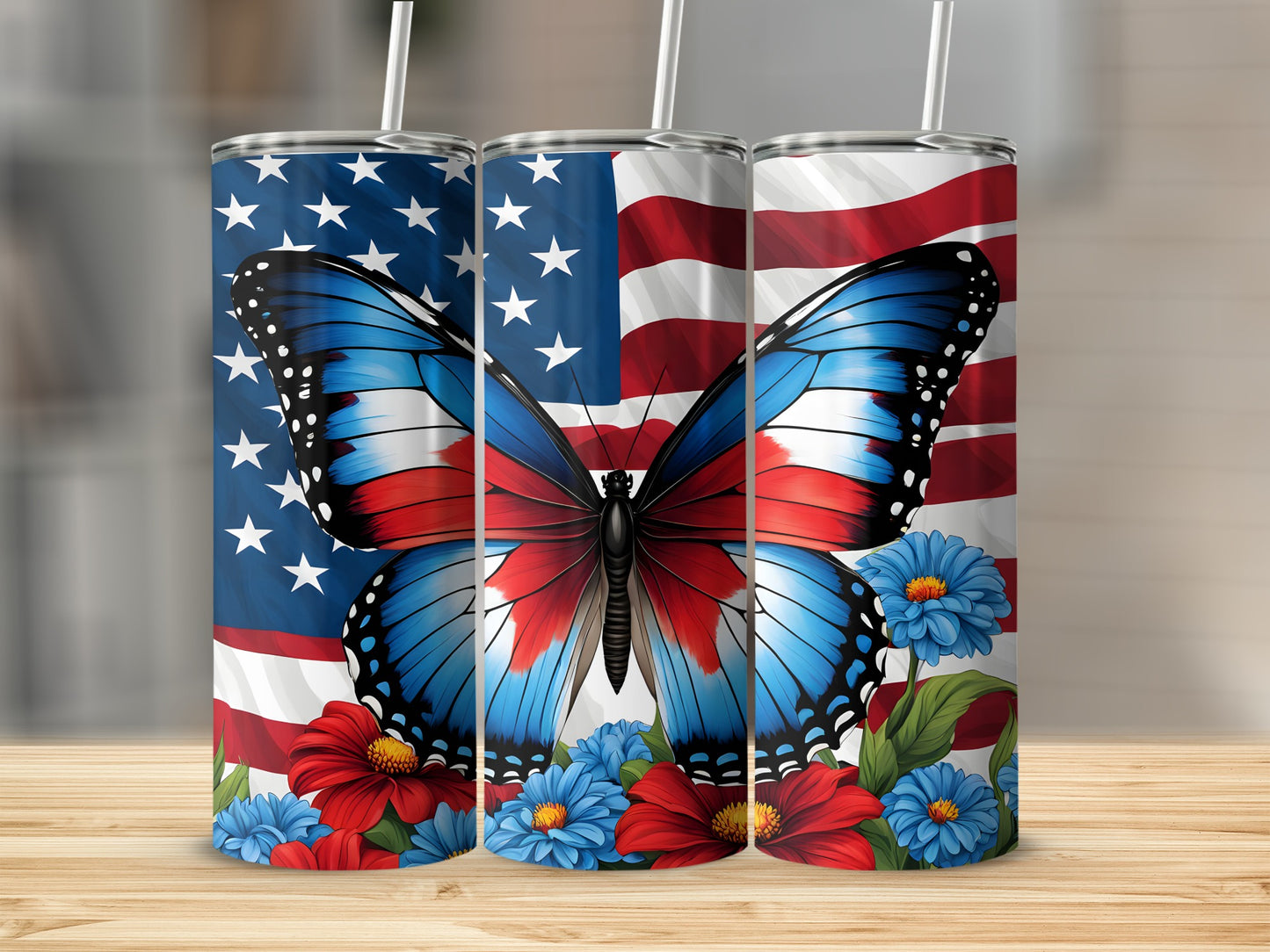 Tall tumbler with American flag and butterfly design.