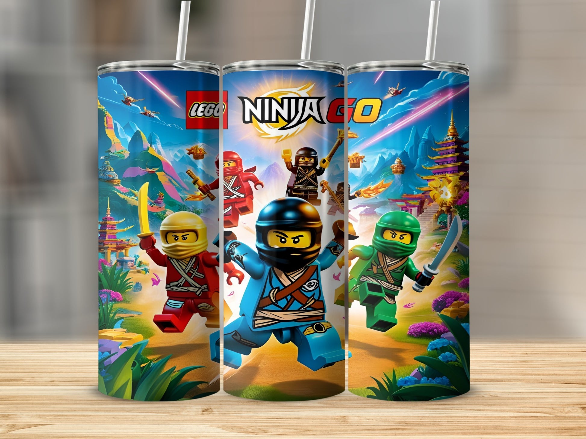 Ninjago characters from Lego in action, on a tumbler with a vibrant mountain landscape.