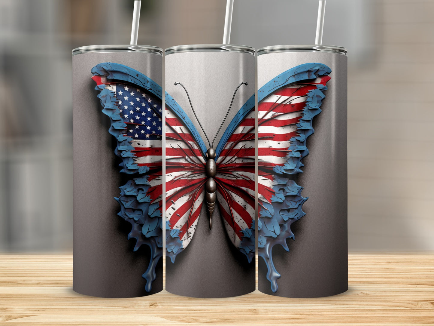 Butterfly tumbler with American flag wings on gray background.