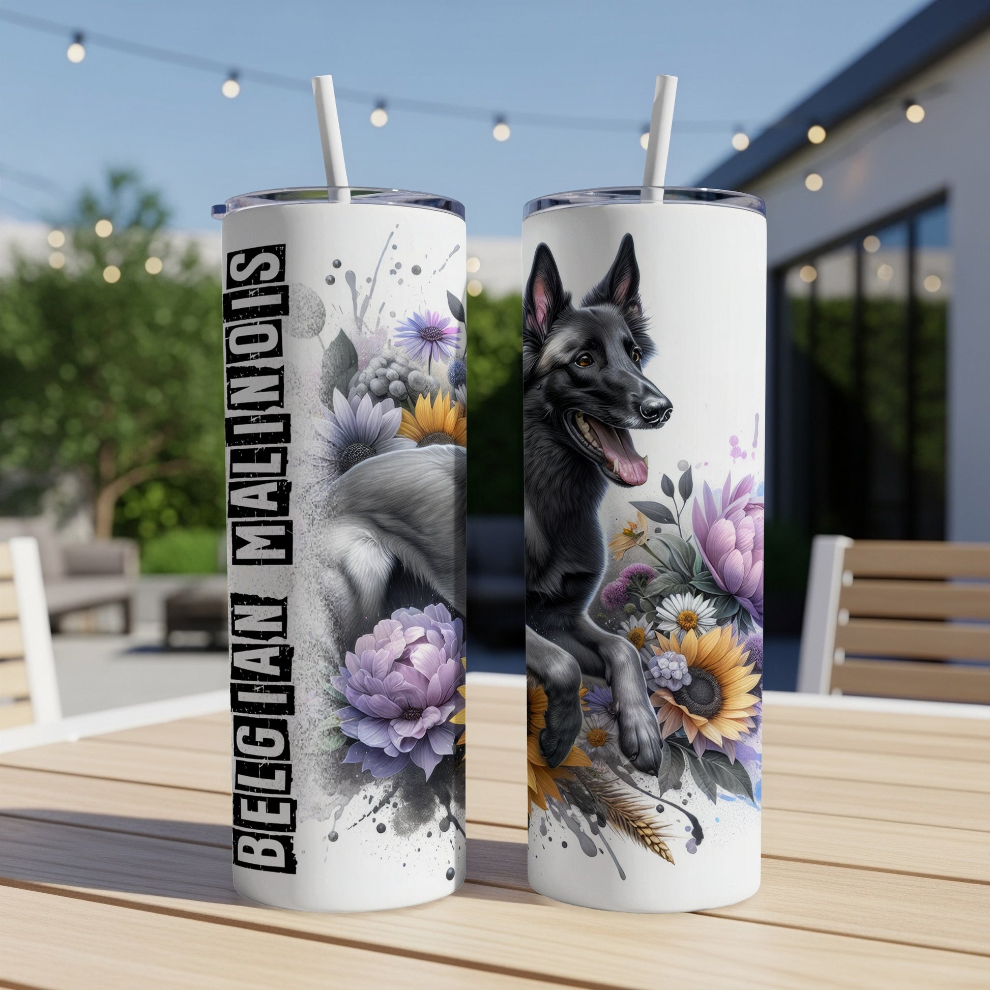 Belgian Malinois dog with flowers on a white tumbler with straw.