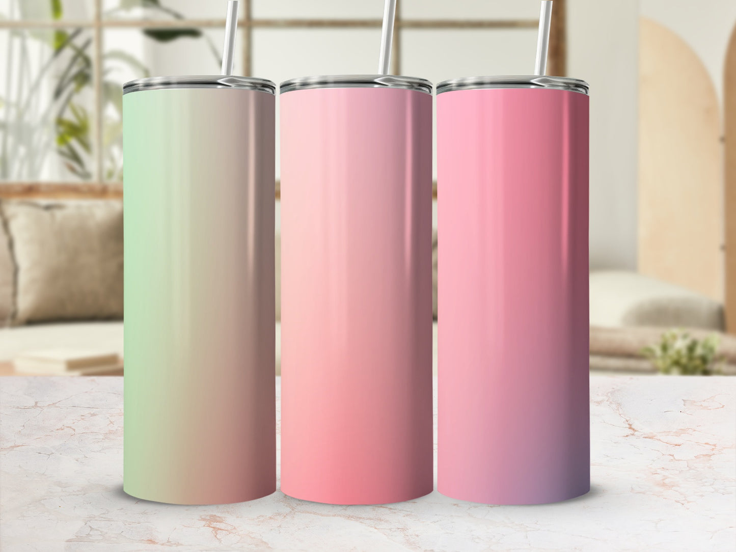 Three tumblers with gradient colors: green to pink, pink, and pink to purple.
