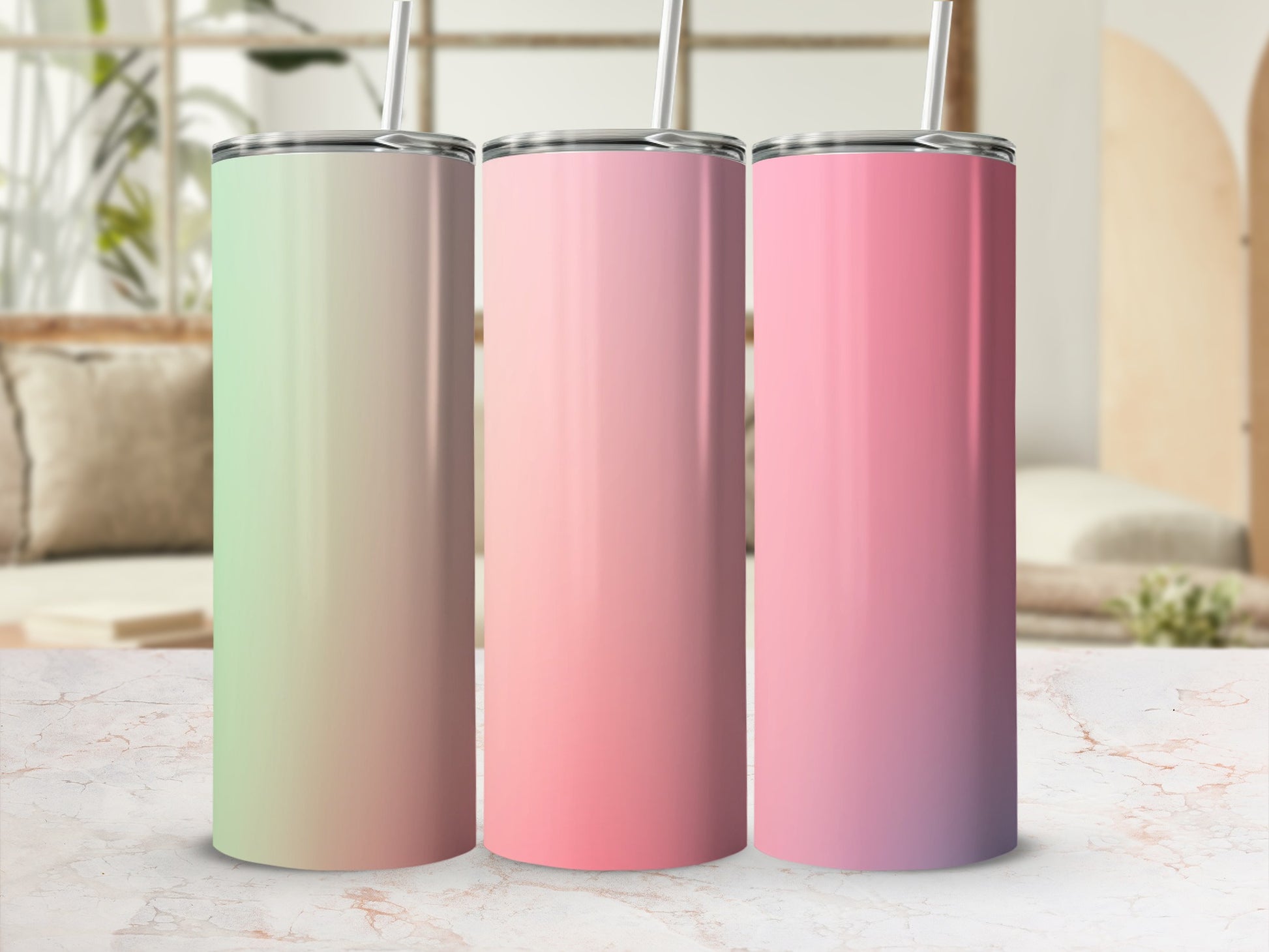 Three tumblers with gradient colors: green to pink, pink, and pink to purple.