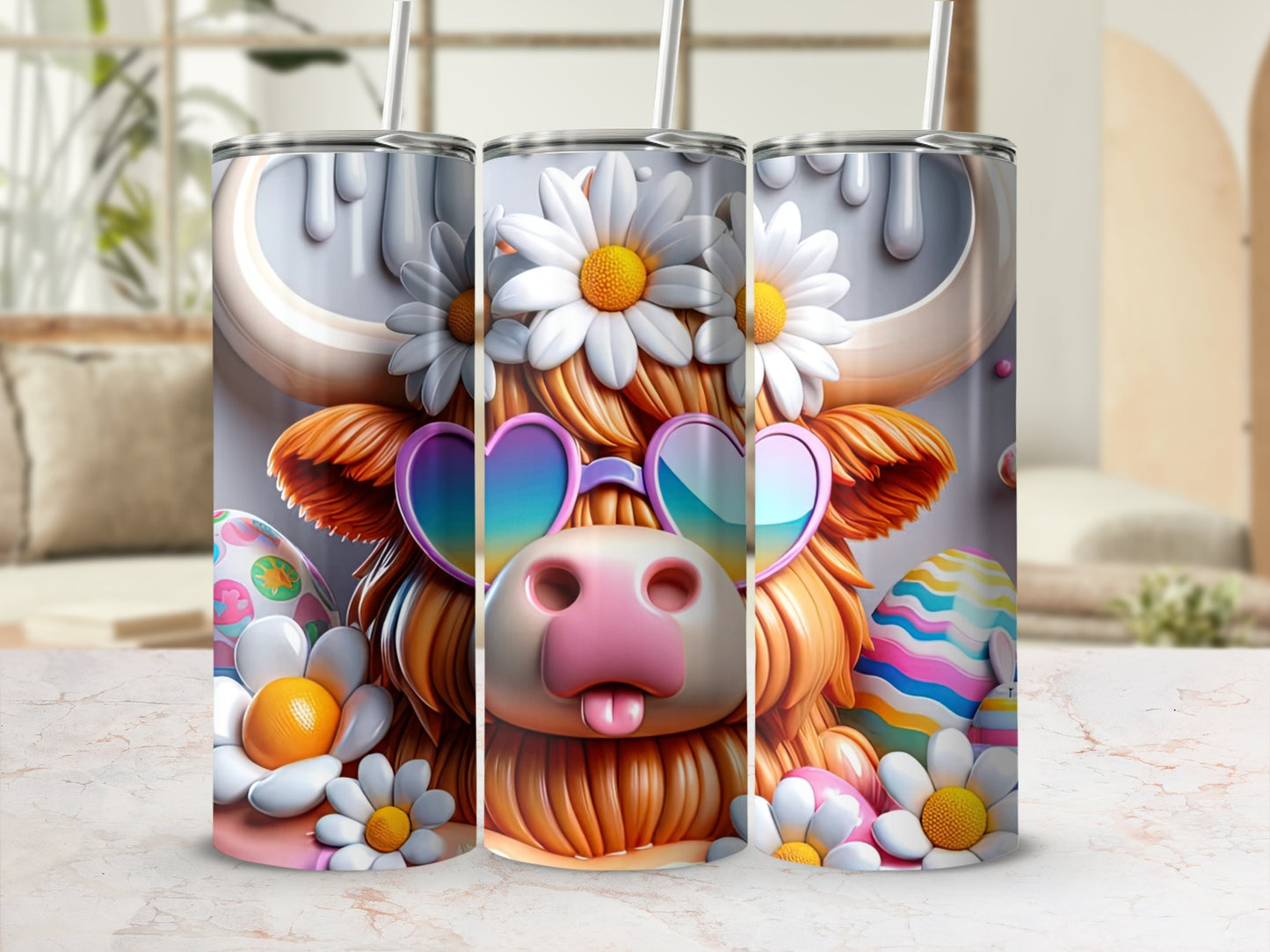 Highland cow wearing heart sunglasses with Easter eggs and daisies.
