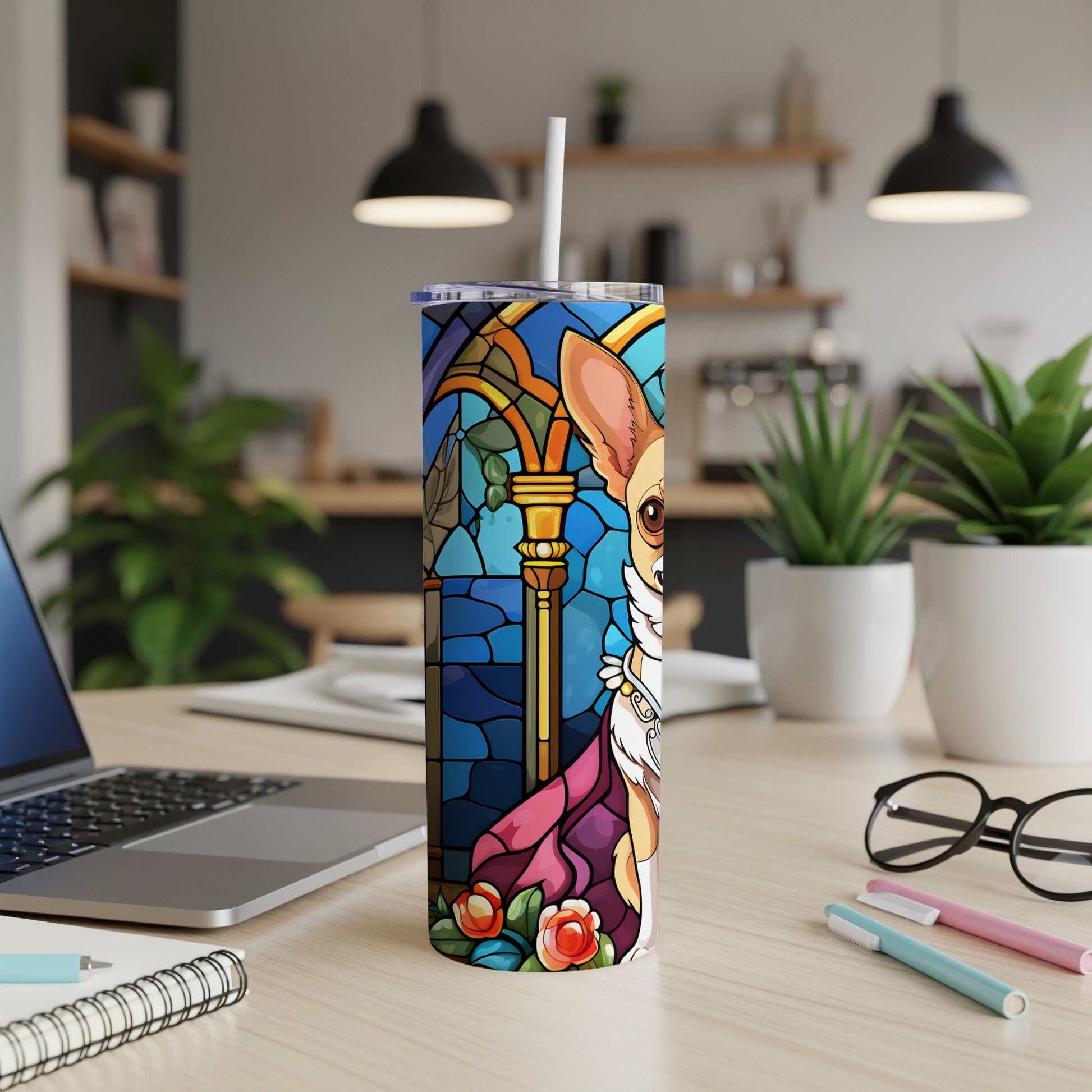 Chihuahua in stained glass design on a tall tumbler with straw.