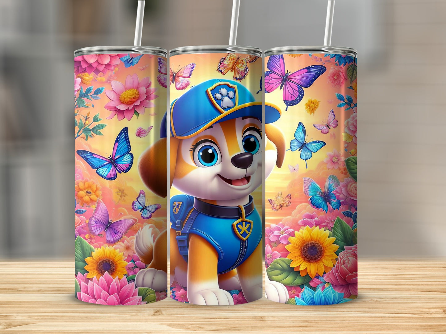 Adorable Puppy and Butterflies Themed Tumbler Cup