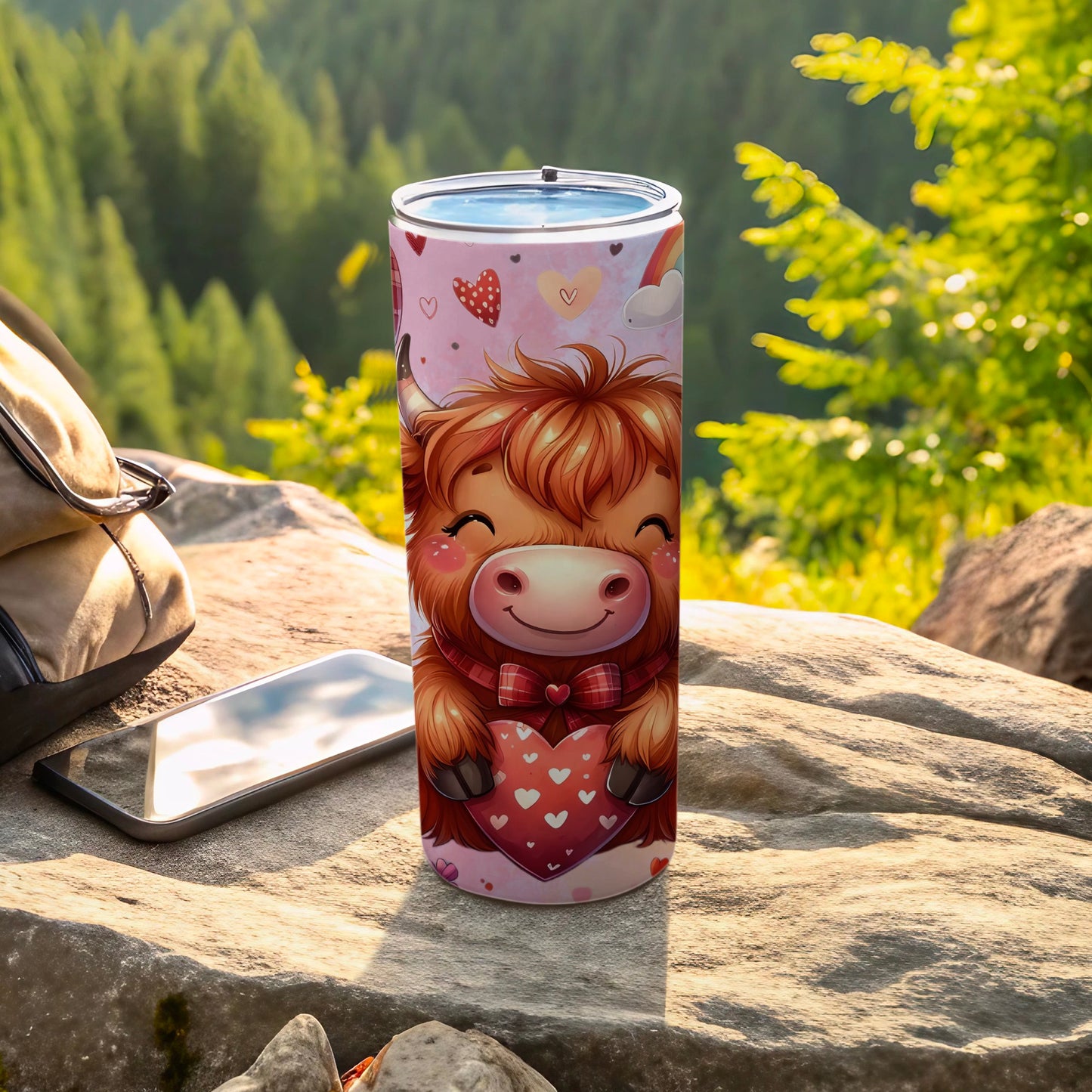 Adorable Highland Cow Heart Design Travel Mug
