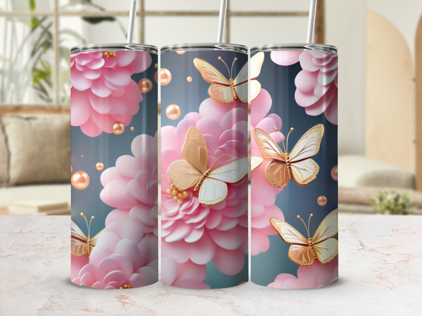 Pink floral pattern with golden butterflies and pearls on a tumbler.
