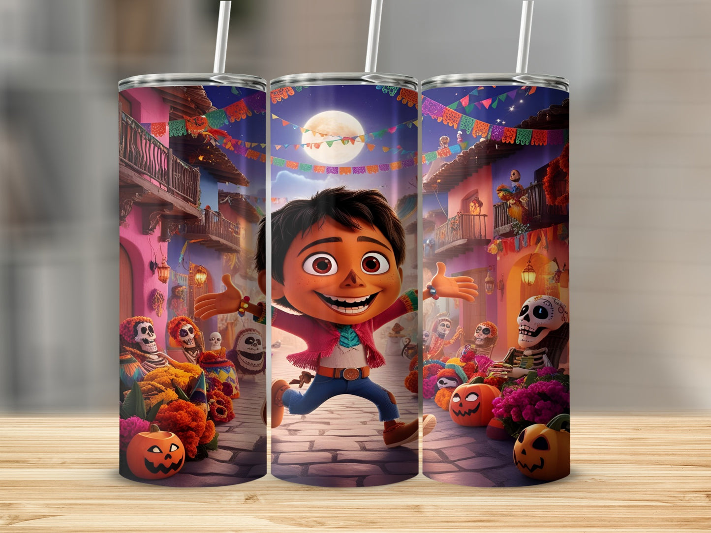 Animated boy running through a Day of the Dead decorated town.
