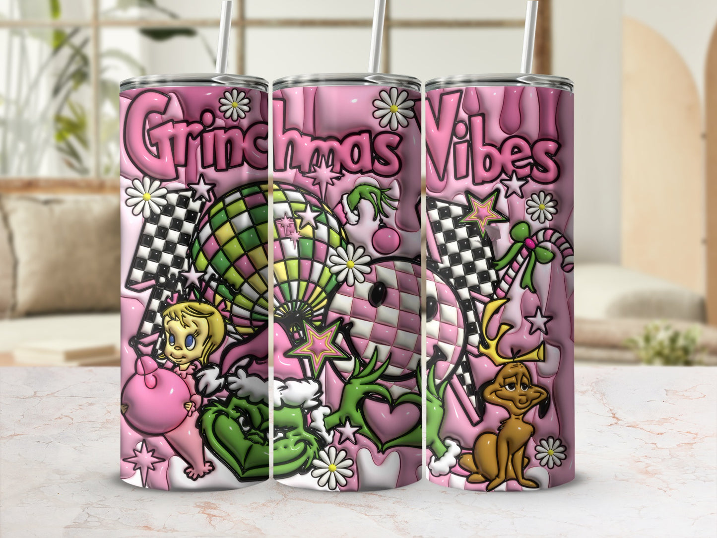 Grinchmas Vibes Tumbler with Pink Background and Graphics