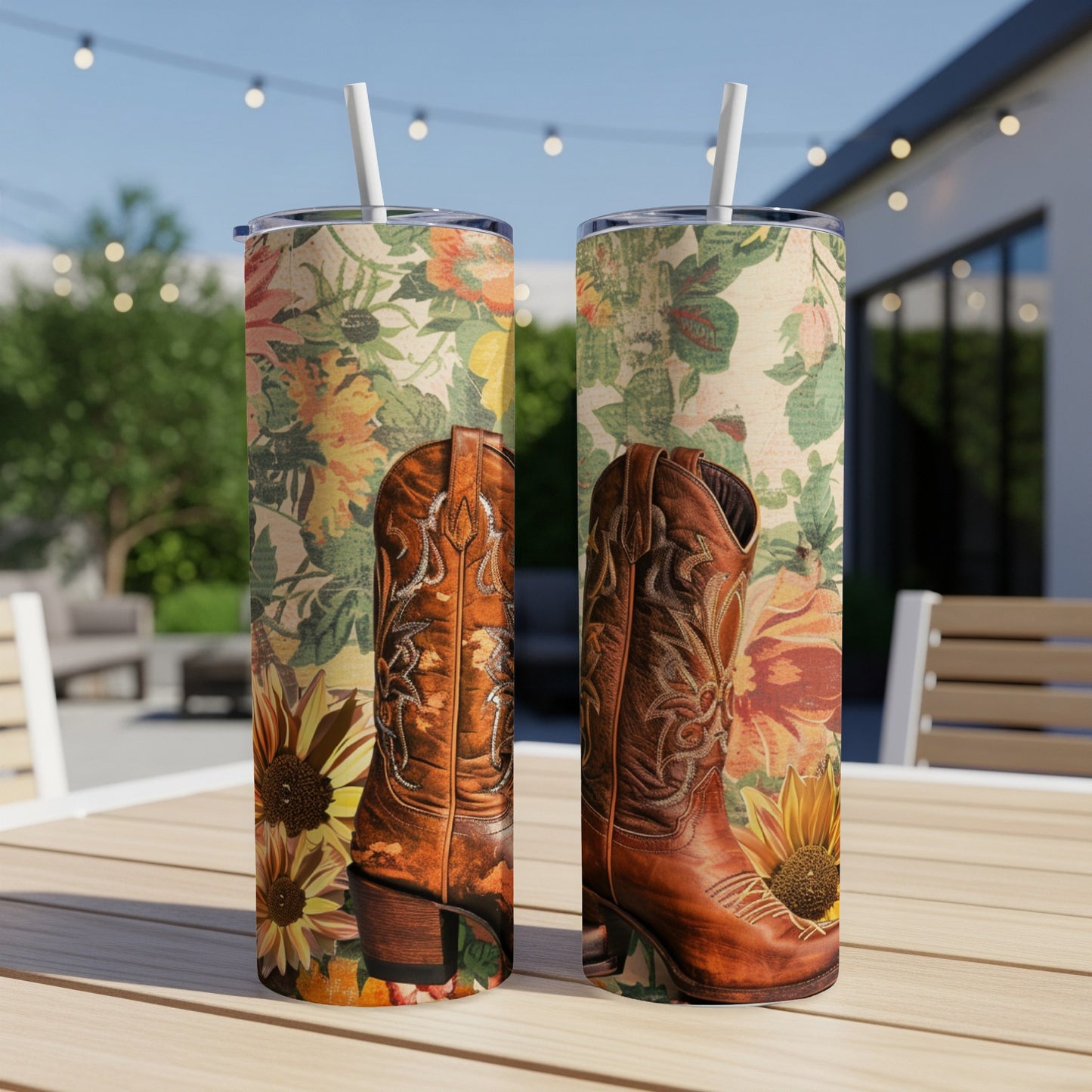 Two tumblers with western cowboy boot and floral designs.