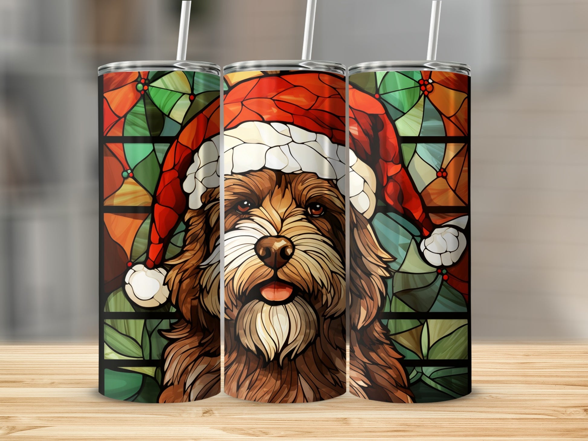 Dog wearing Santa hat on stained glass background, tumbler design.