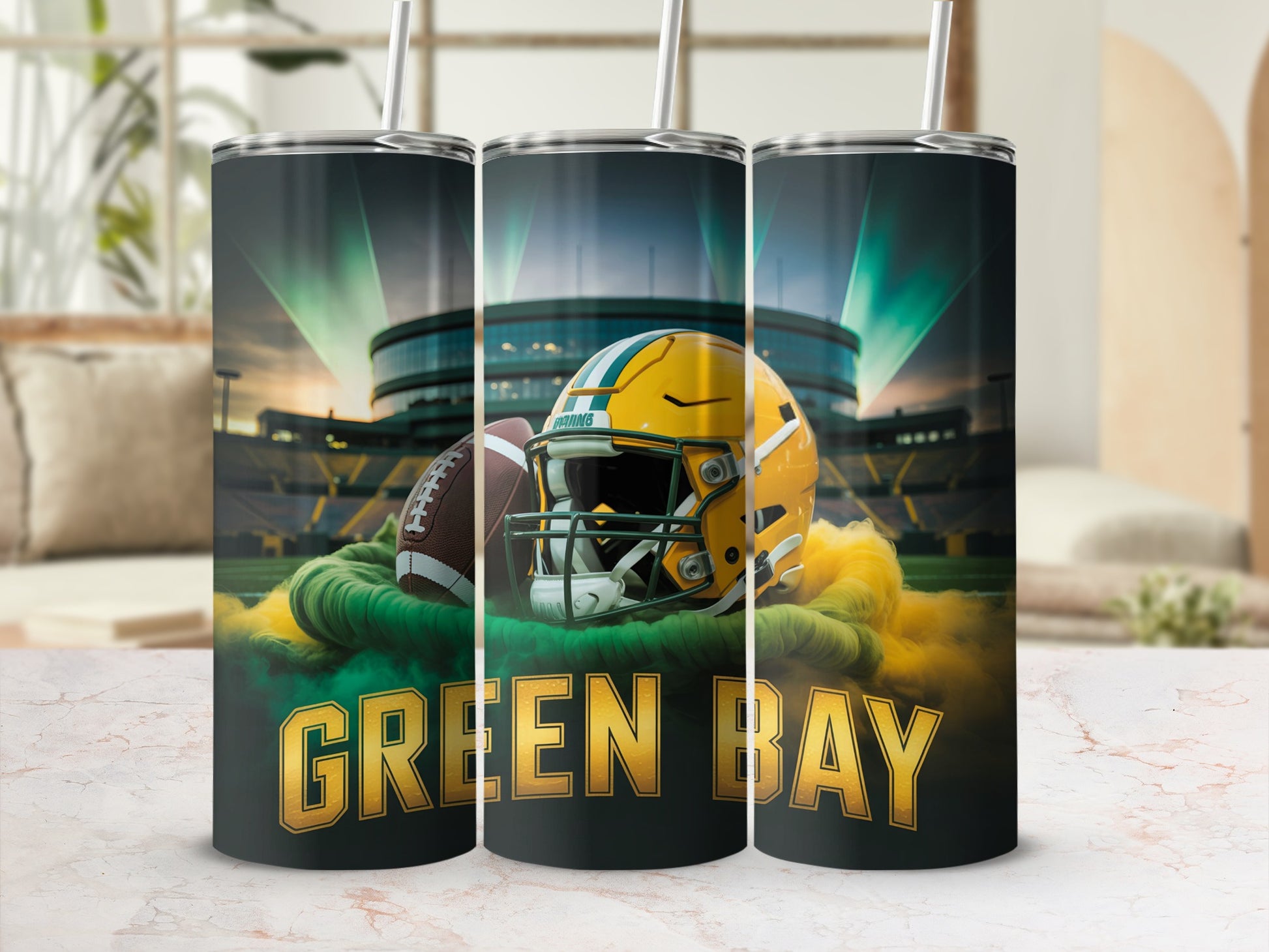 Green Bay Packers football helmet and ball with stadium background.
