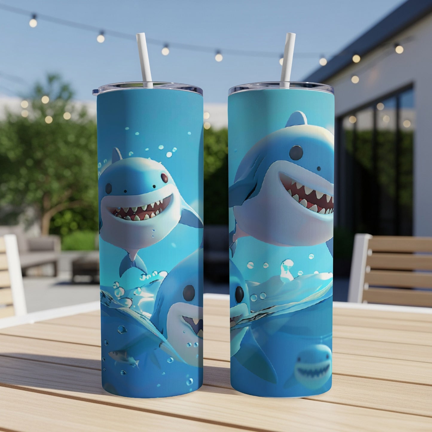 Two cartoon sharks with wide grins swim in bubbly blue water.