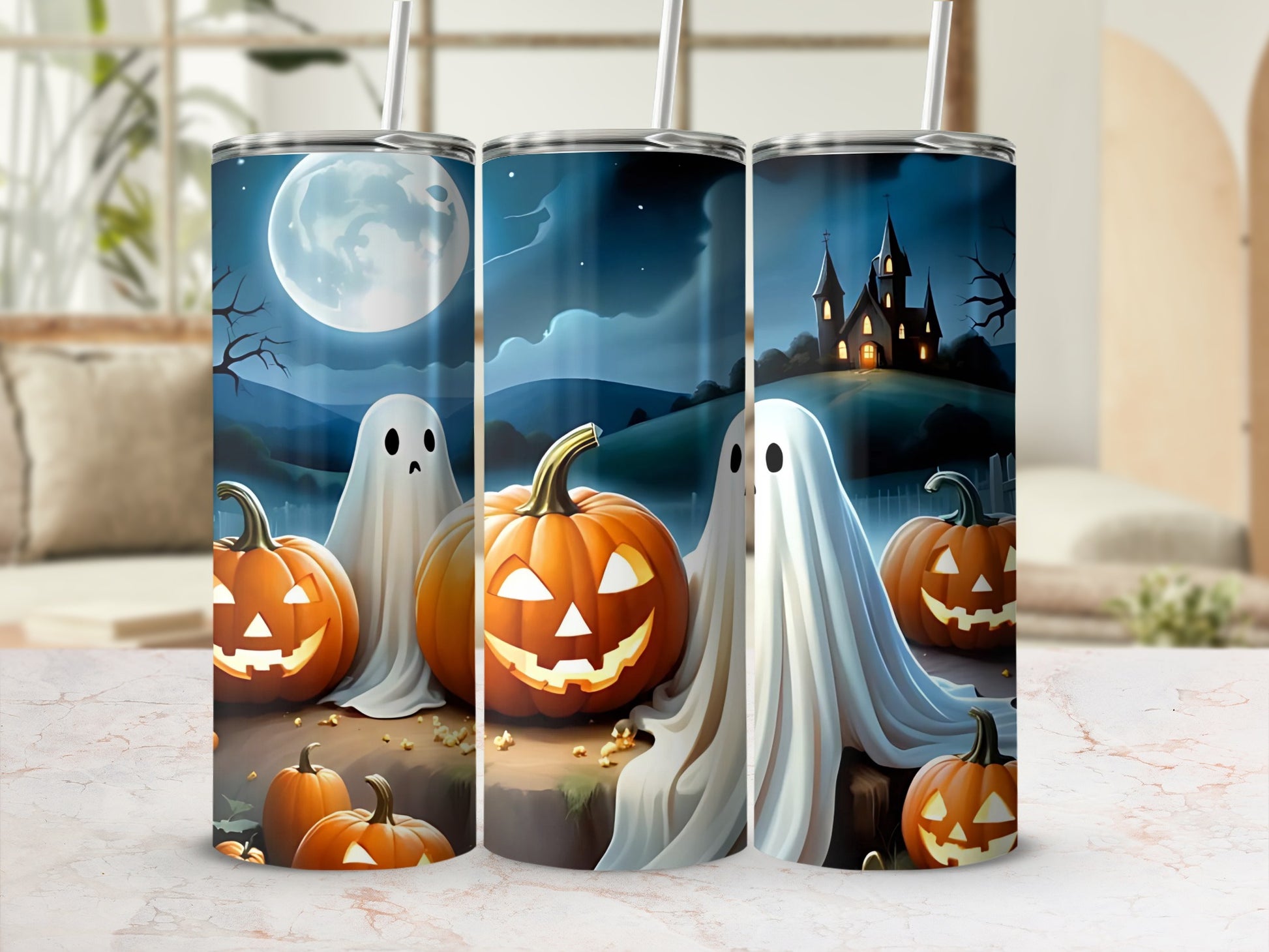 Halloween Ghost and Pumpkin Night Scene Tumbler