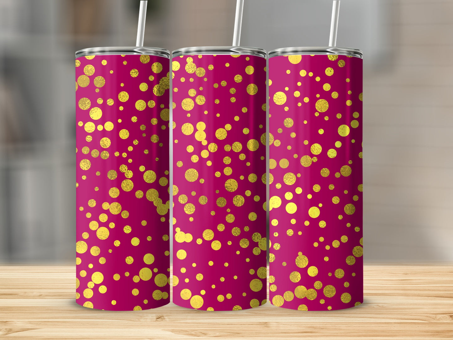 Three tumblers with a pink background and a scattered gold polka dot pattern.