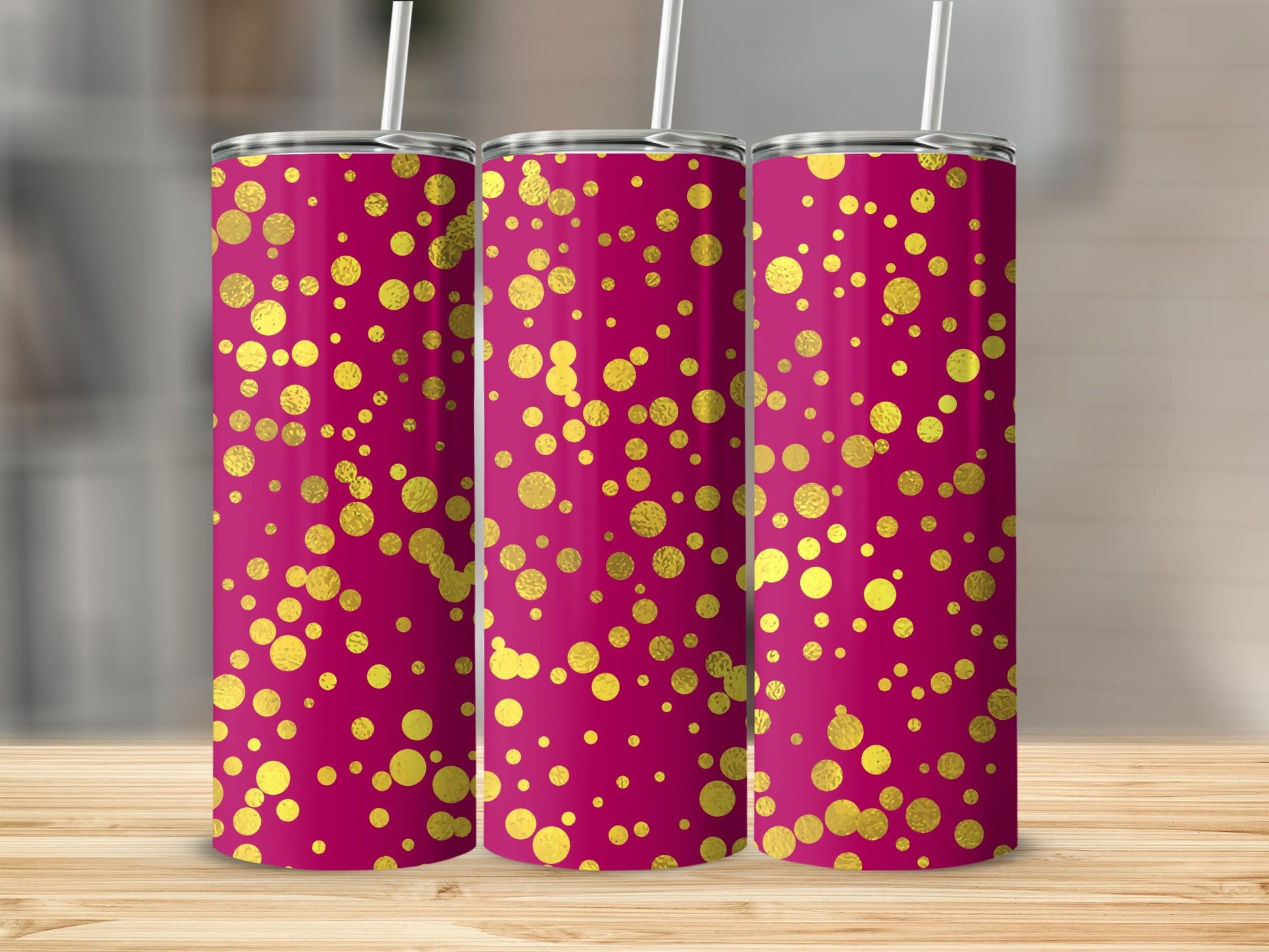 Three tumblers with a pink background and a scattered gold polka dot pattern.