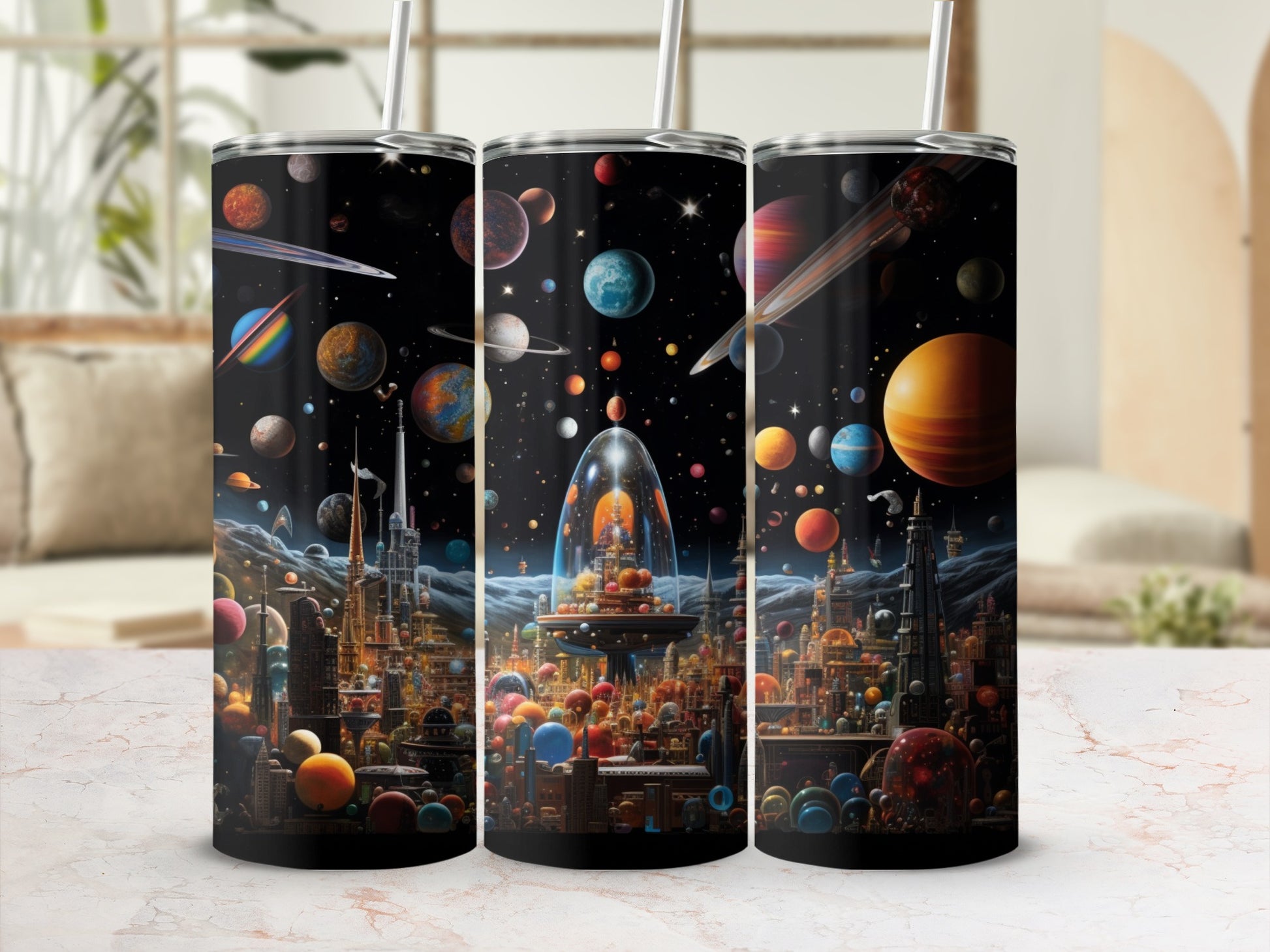 Outer Space Themed Tumbler with Straw Drinkware