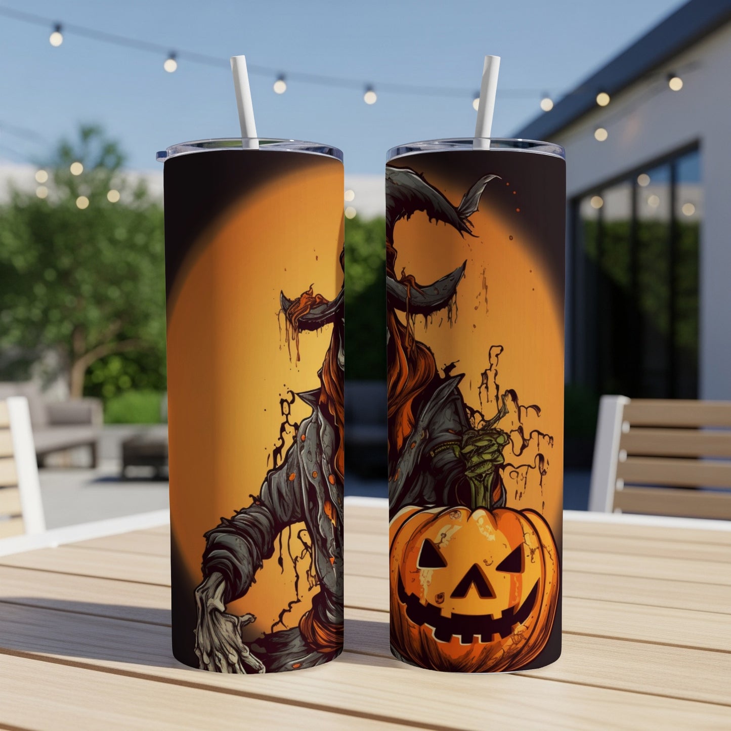 Two tumblers featuring a spooky jack-o'-lantern and a grim reaper Halloween design.