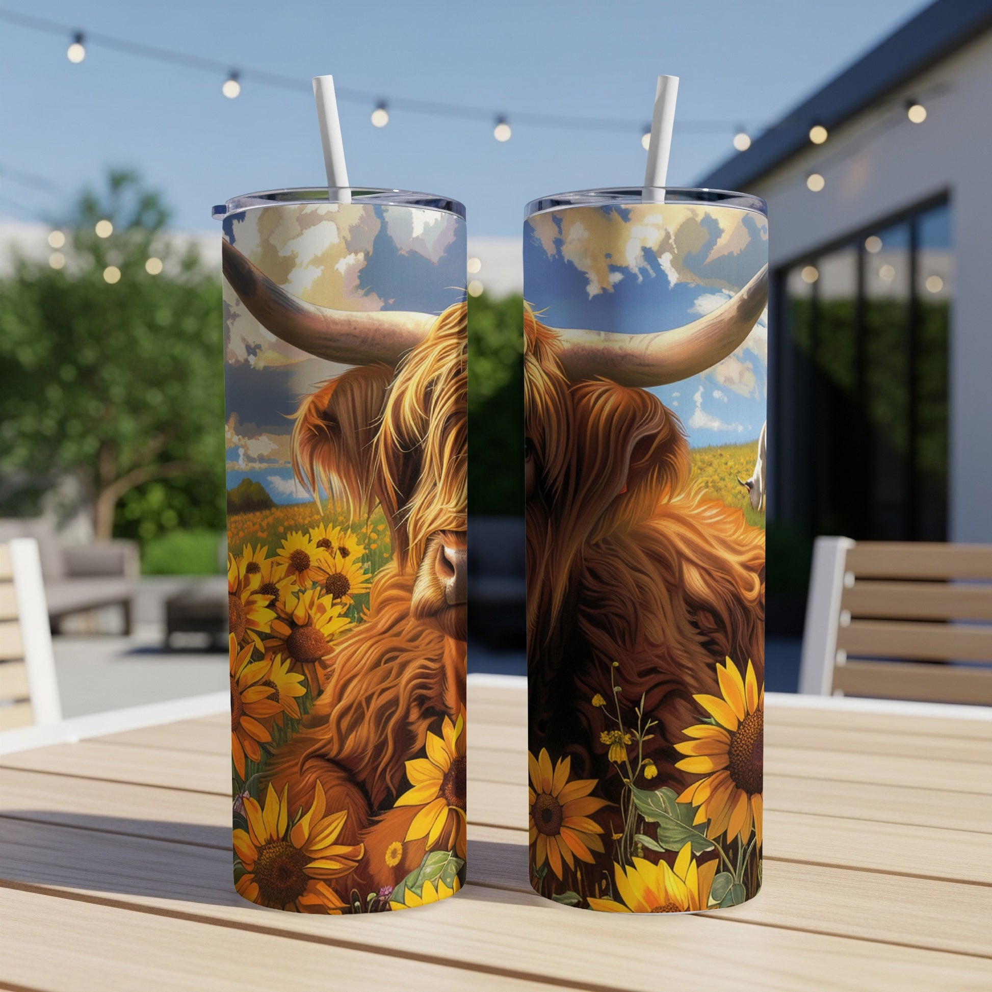 Highland cow with sunflowers on a double-sided insulated tumbler.